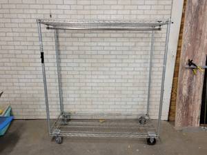 lot 673 image: Rolling Wire Shelf  Rack - 60 x 24 x 65 - Was Used to Hang Coats, could easily add more shelves - NO SHIPPING