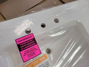 lot 878 image: New ONYX White Lavatory DUAL Sink w Side Splash Guard - Overall 60 x 22 - NO SHIPPING