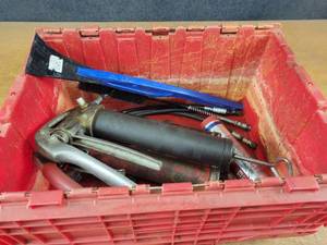 lot 834 image: Assorted Grease Guns and Grease in tote - NO SHIPPING