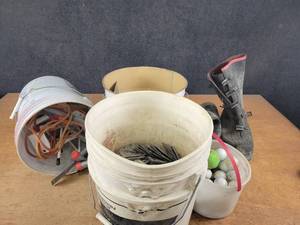 lot 835 image: Size 11 Rubber Over boots, Garage Hooks, Galvanized Plates and More - NO SHIPPING