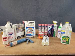 lot 842 image: Tote Full of Assorted Garage Chemicals - Glass Cleaner, LUCAS Oil, Grease, R134a and More - NO SHIPPING