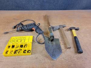 lot 846 image: Black & Decker 38 Electric Drill, O-ring Kit, Hatchet, Hammer and Folding Shovel