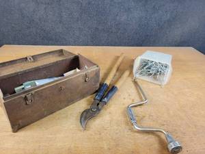 lot 855 image: Vintage Toolbox w Electrical, Pruning Clipper, Craftsman Wrench and Peg Hooks