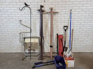 lot 868 image: Shovel, Vintage Spoon Ice Auger, Bed Frames, Folding Chair, Lawn Chair, Baseball Bat and More - NO SHIPPING