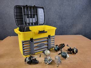 lot 1026 image: Flambeau Tackle Box w (7) Reels and Lures