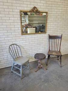 lot 1033 image: Antique Ornate Mirror, Antique Stool w Cast Iron Legs and (2) Vintage Chairs - NO SHIPPING