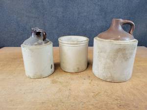lot 1063 image: (3) Antique Stoneware Jugs and Crock - NO SHIPPING