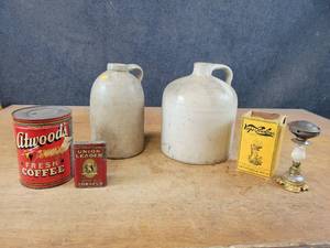 lot 1067 image: (2) Antique Stoneware Jugs, one looks to be salt glaze, Antique Vaporizer and Tin Cans - NO SHIPPING