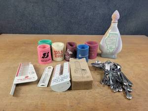 lot 1075 image: Local Advertising Thermometers, Can Koozies, Decanter and Silverware Set - NO SHIPPING