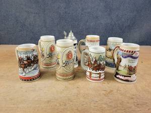 lot 1087 image: (8) Beer Steins - Miller, Strohs, Budweiser and More - NO SHIPPING