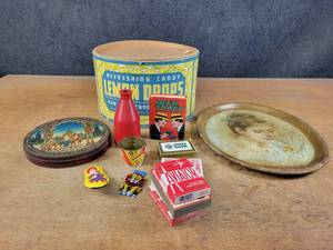 lot 1105 image: Vintage LEMON DROPS Container (13 Diameter), Antique Tray and More