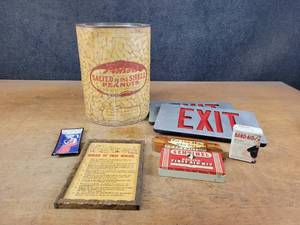 lot 1106 image: Vintage Fisher Peanuts Tin (13 x 10 Diameter), EXIT Signs and More