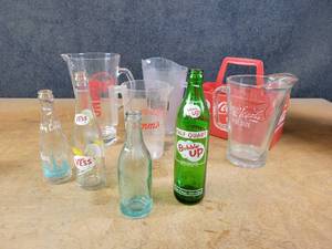 lot 1111 image: Collection of Vintage Bottles, Pitchers and Coke Bottle Carrier - NO SHIPPING