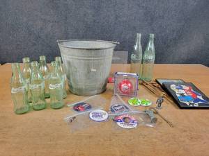 lot 1116 image: Coke Bottles, Galvanized Bucket, Twins Ornament, Buttons, Bud Man and More - NO SHIPPING