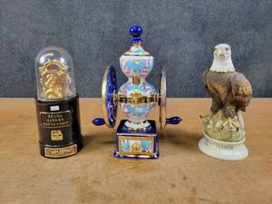 lot 1136 image: (3) Vintage Liquor Decanters - Stock Ticker, Coffee Grinder and Bald Eagle - NO SHIPPING