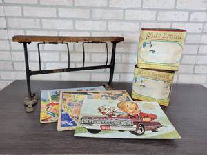 lot 1043 image: Antique Paper Dispenser with a pair of Mas Brand Tins & Vintage Puzzles - NO SHIPPING