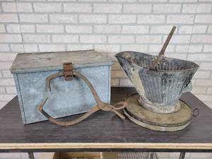 lot 1055 image: Vintage Galvanized Box, Coal Bucket, Ice Tongs, and (2) 14 Baking Stones - NO SHIPPING