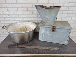 lot 1056 image: Vintage Galvanized Box, Coal Bucket, Stainless Steel Mixing Bowl, and 24 Machete - NO SHIPPING