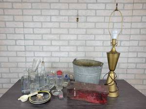 lot 1187 image: Lot of Glasses and Barware, Brass Mid-Century Modern Lamp, Bucket, and Tool Box - NO SHIPPING