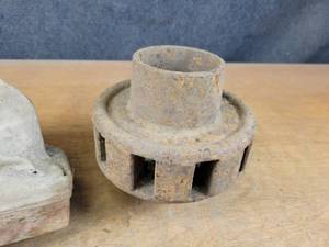lot 1150 image: Antique Cyclone Hand Seeder, Wood Wheel Hub, Pitchfork and Belt Pulley - NO SHIPPING