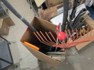 box of shovels,rakes,pruner ...
