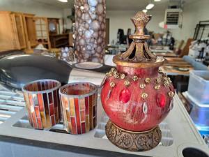 lot 418 image: Lot of (3) Stained Glass Candleholders