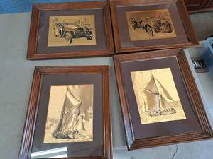 lot 393 image: Lot of (4) Framed Gold Art Prints - Sailboats, 1928 4-12L Bentley, 1909 Rolls Silver Ghost