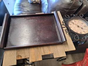 lot 485 image: Wall Clock, Wood Wall Dcor, Wood Serving Tray