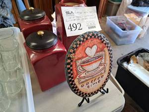 lot 492 image: Lot of (4) Ceramic Containers with Decorative Coffee Picture w Stand