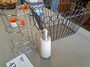 lot 437 image: Paper Towel Holder, Metal Basket, Stone Soap Dispenser