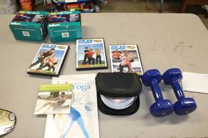 lot 815 image: Lot of (15) Exercise Equipment - Dumbbells, Workout DVDs, Wrist Weights
