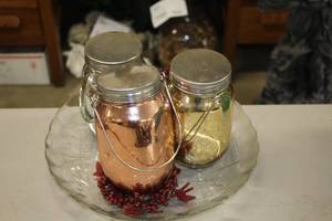 lot 560 image: (3) Jars, (1) Glass Tray, (2) Glass Ornaments