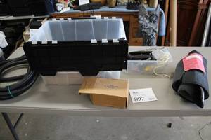 lot 897 image: Lot of (1 Bin) Misc. Parts - Glass Cases, Rope, Plastic Containers, Magnet, Misc.