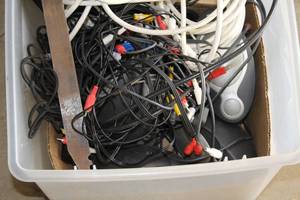 lot 896 image: Lot of (1 Bin) Speakers, Audio Cord and Misc. Others