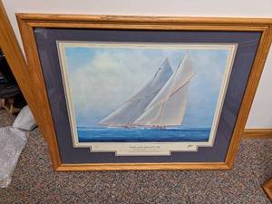 lot 357 image: Yachts of the Americas Cup The Big Racing Cutters by Thompson Signed Special Edition Print , Wood FrameDouble MatteGlass