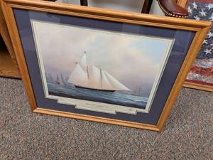 lot 359 image: Yachts of the Americas Cup The Schooner by Thompson Signed Special Edition Print , Wood FrameDouble MatteGlass