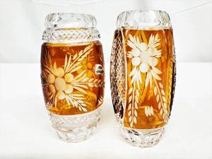 lot 71 image: Rare Vintage Small Amber Cut To Clear Crystal Vessels - 1 Has A Partial Foil Label On It...I do not believe these are bud vases or toothpick holders...very lovely detailed wok 