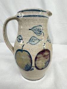 lot 82 image: Vintage & Rare 1983 Pottery Salt Glazed Crock Stoneware Pitcher Blue Apple Motif Stamp On Lowered Side Of Pitcher Jasper Stoneware Plus Other Markings - Possibly German - Excellent Condition For Age