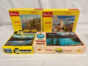 lot 116 image: Lot Of 4 Vintage Jigsaw Puzzle - 2 Rare Sifo (Out of St. Paul, MN) 750 Piece, 1 Whitman & 1 Warren Built-Rite Puzzles - Good Vintage Condition