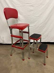 lot 102 image: Retro Cool COSCO Vintage Stylaire Red Metal Counter Height&nbspChair With&nbspChrome Legs &&nbspRemovable Step Stool - Great Used Condition  