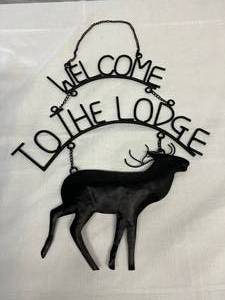 lot 117 image: Vintage 24 Black Metal Iron Hanging WELCOME TO THE LODGE With Figural Deer Motif - Great For The That Up North Cabin Style