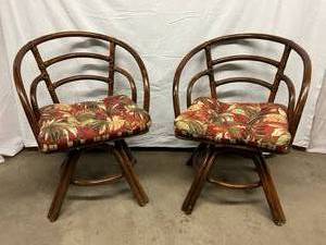 lot 106 image: 2 Vintage Mid Century Highly Sought After Boho Chic Brown Jordan&nbspRattan Bentwood Swivel Chairs With Seat Cushions - Good Vintage Condition