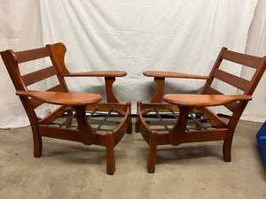lot 104 image: 1940s American Rustic Cushman Style Wide Paddle Arm Maple His & Hers Deck Lounge Chairs - Great Condition With Very Mild Wear For Age - Cushions Obviously Need To Be Replaced