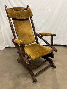 lot 101 image: Antique Hunzinger Dexter Style Platform Spring Velvet Upholstered Rocking Chair On Casters With Very Rare Pillow  Great Condition