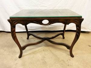 lot 89 image: Rare & Antique Carved Wood Inlaid Woman Bust Female Figural Tabletop With Glass Top Side Accent Table - Beautiful Antique Condition - See Pictures