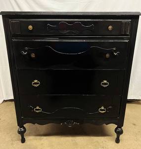 lot 38 image: Beautiful Antique 4 Drawer Dresser That Has Been Painted A Very Attractive Black Rich Color Superstar Of This Dresser Are The Original Drawer Pulls  Check Them Out