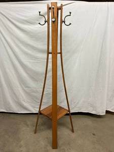 lot 99 image: Vintage Mission Arts & Crafts Steamed Bent Wood Hall Tree With Super Cool Brass & Porcelain Hooks (Missing One On The Back) - Great Condition