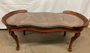 lot 90 image: STOP THIS IS SOOO EXQUISITE Early 1900s Italian Ornate Carved Wood With Intricately Inlaid Patterns Pieces Parlor TeaCoffee Table Includes Original Glass Top -&nbspgraceful cabriole legs & elegantly curved edges - timeless Italian craftsmanship