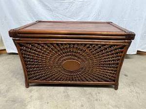 lot 50 image: Oh I So Love This  Vintage Pier 1&nbspBamboo and Woven Sunburst Design Rattan Coffee Table  Blanket Chest - Excellent Pre-owned Condition&nbsp33.5W  20D  20.5H Selling Online Currently For $800 Plus Shipping