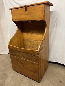 lot 91 image: Fabulous Early Amercan Primitive Kindling & Firewood Box With Latching Overhead Storage Cabinet On Antique Cast Iron Casters - One Has Become Detached Though Is In Cabinet With Screws